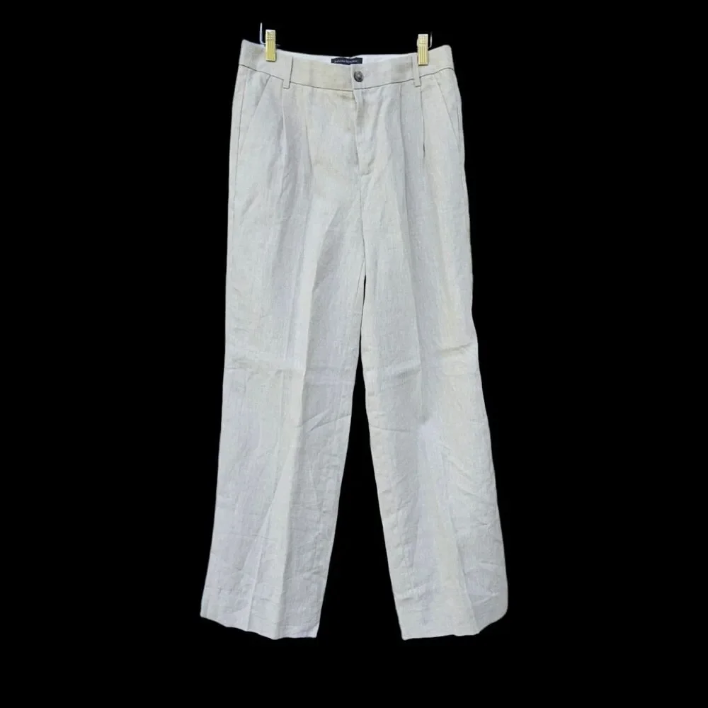 Banana Republic Women 6 Tan 100% Linen Pleated Wide Leg Trousers Pant High Rise